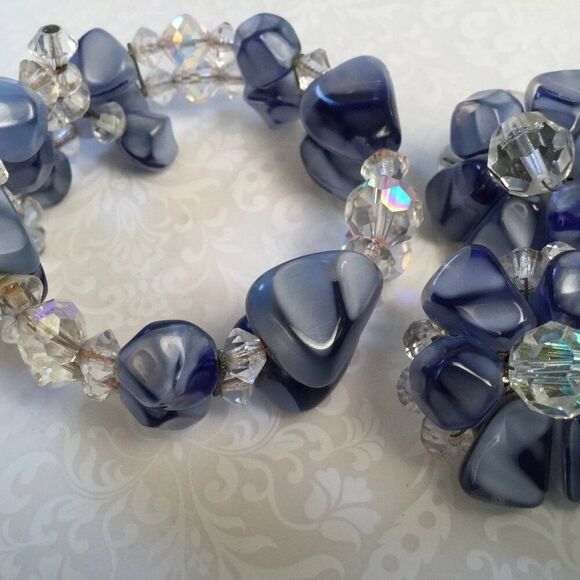 Estate Jewelry - Mid-Century Blue Swirl Glass & Crystal Clamper Bracelet & Clip Earrings Set